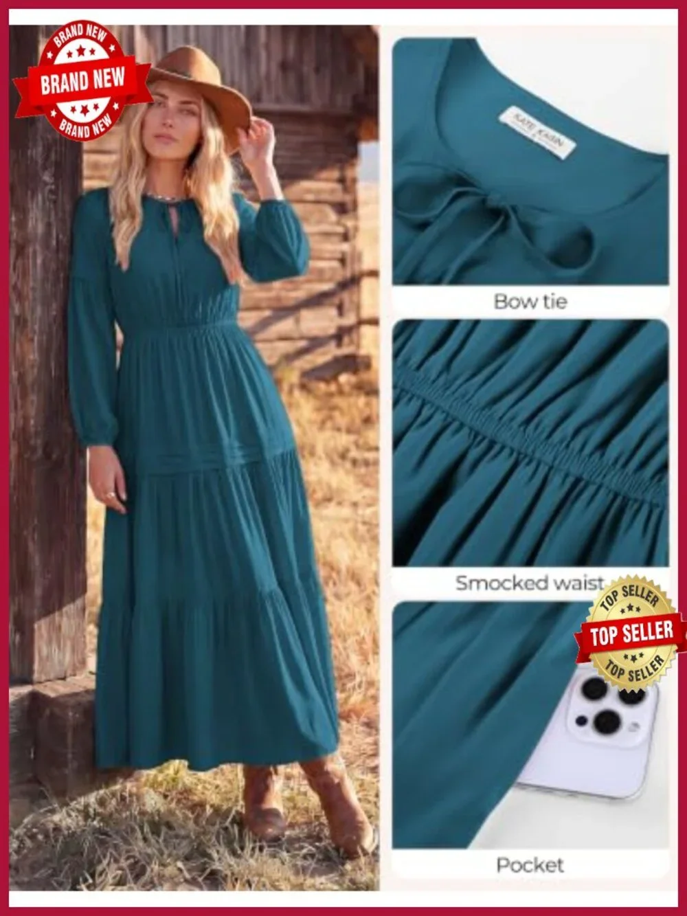 Long Sleeve Maxi Dress Boho Chiffon V Neck Pockets Flowy Wedding Guest
